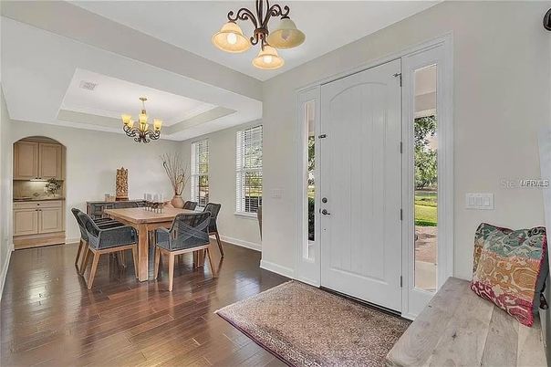 Chandelier, Dining room, Interior, Wood Texture Flooring