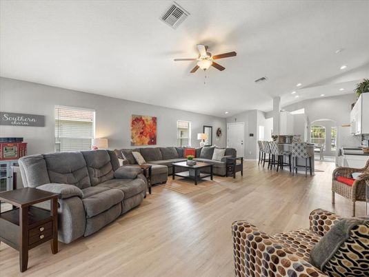 Dining room, Interior, Kitchen, Living room, Recessed Lighting, Wood Texture Flooring