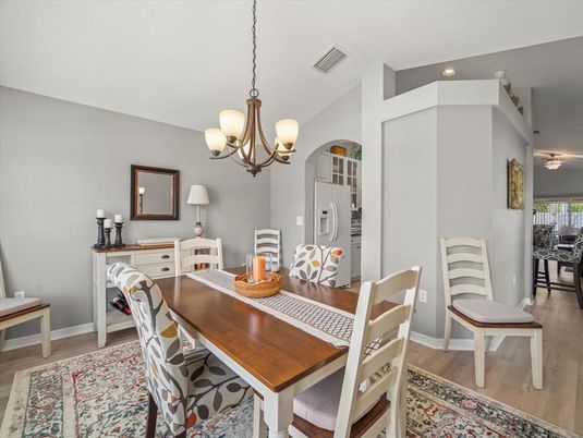 Chandelier, Dining room, Interior, Pendant Lights, Recessed Lighting, Wood Texture Flooring