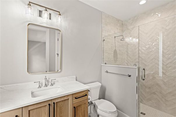 Bathroom, Glass Shower, Interior, Recessed Lighting, Wood Texture Flooring