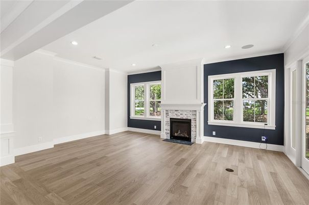 Empty room, Fireplace, Interior, Recessed Lighting, Wood Texture Flooring