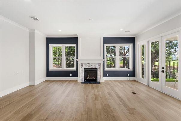 Empty room, Fireplace, Interior, Recessed Lighting, Wood Texture Flooring
