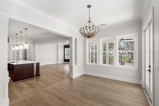 Chandelier, Empty room, Interior, Kitchen, Pendant Lights, Wood Texture Flooring