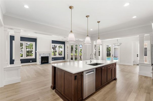 Fireplace, Interior, Kitchen, Pendant Lights, Recessed Lighting, Wood Texture Flooring