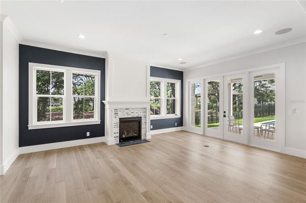 Empty room, Fireplace, Interior, Recessed Lighting, Wood Texture Flooring