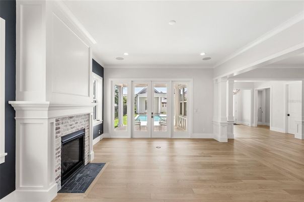 Fireplace, Interior, Recessed Lighting, Wood Texture Flooring