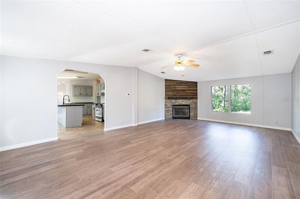 Empty room, Fireplace, Interior, Kitchen, Wood Texture Flooring