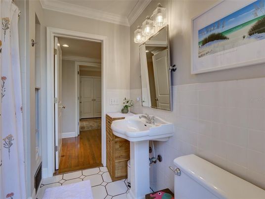 Bathroom, Interior, Recessed Lighting, Wood Texture Flooring