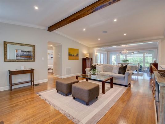 Chandelier, Dining room, Interior, Living room, Recessed Lighting, Wooden Beams, Wood Texture Flooring