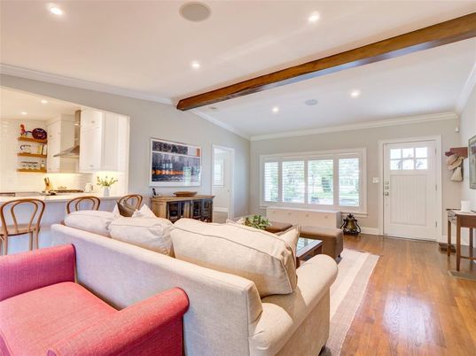 Interior, Living room, Recessed Lighting, Wooden Beams, Wood Texture Flooring