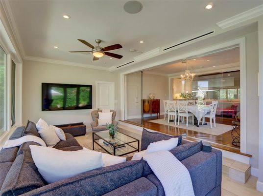 Chandelier, Dining room, Interior, Living room, Recessed Lighting, Wood Texture Flooring