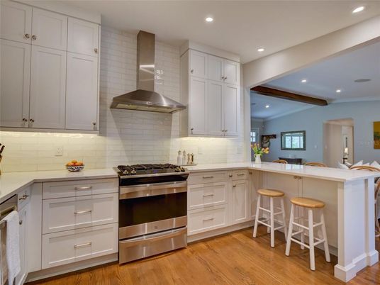 Interior, Kitchen, Recessed Lighting, Stainless Steel Appliances, Wooden Beams, Wood Texture Flooring