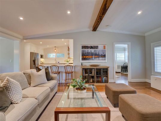 Interior, Kitchen, Living room, Recessed Lighting, Stainless Steel Appliances, Wooden Beams, Wood Texture Flooring