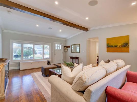 Interior, Living room, Recessed Lighting, Wooden Beams, Wood Texture Flooring