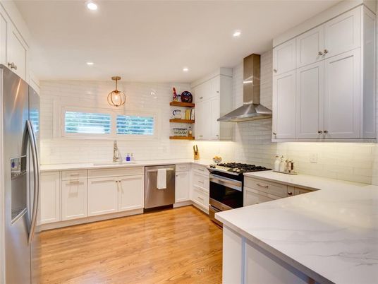 Interior, Kitchen, Pendant Lights, Recessed Lighting, Stainless Steel Appliances, Wood Texture Flooring