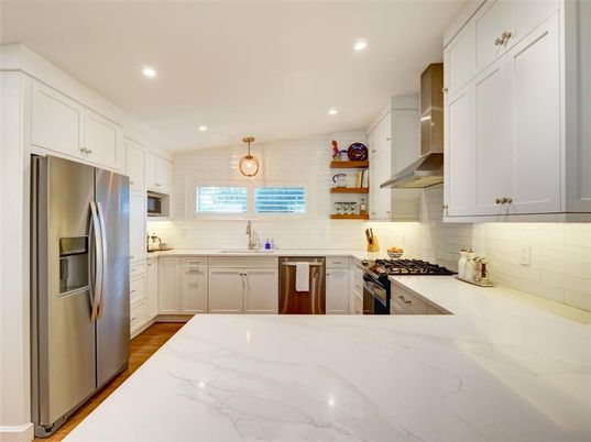 Interior, Kitchen, Recessed Lighting, Stainless Steel Appliances, Wood Texture Flooring