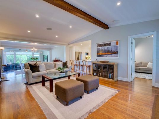 Chandelier, Dining room, Interior, Living room, Recessed Lighting, Wooden Beams, Wood Texture Flooring