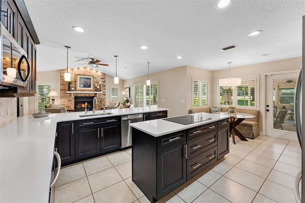 Fireplace, Interior, Kitchen, Living room, Pendant Lights, Recessed Lighting, Stone Walls