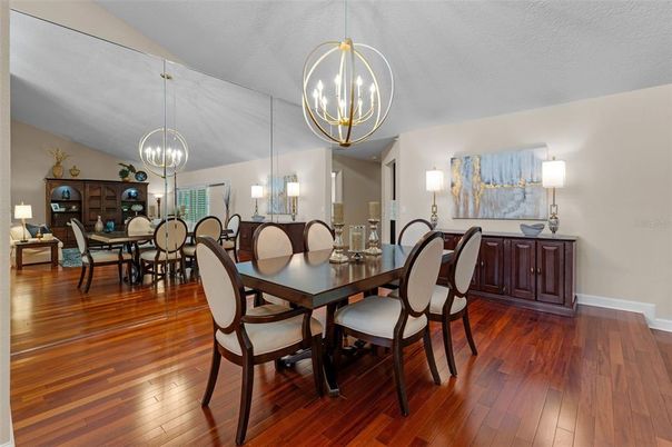 Dining room, Interior, Pendant Lights, Wood Texture Flooring