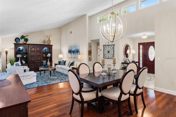 Dining room, Interior, Living room, Pendant Lights, Wood Texture Flooring