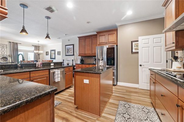 Chandelier, Interior, Kitchen, Pendant Lights, Recessed Lighting, Wood Texture Flooring