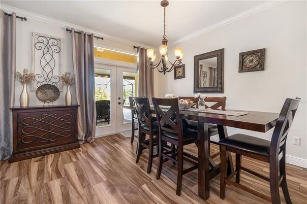 Chandelier, Dining room, Interior, Wood Texture Flooring