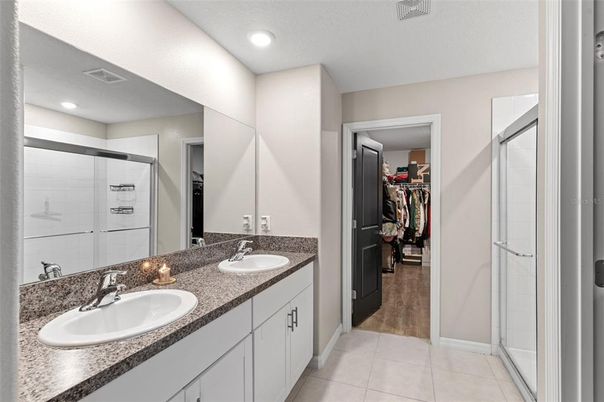 Bathroom, Dual Sink Vanities, Interior, Recessed Lighting, Walk-in Closets, Wood Texture Flooring