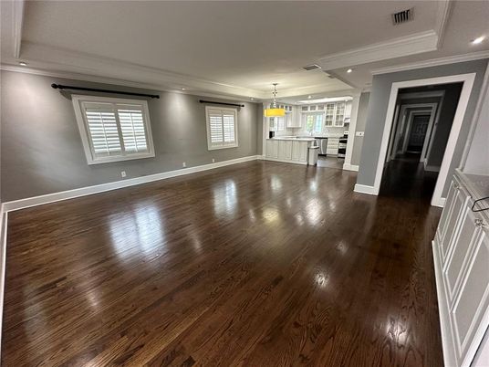 Empty room, Interior, Kitchen, Pendant Lights, Recessed Lighting, Wood Texture Flooring