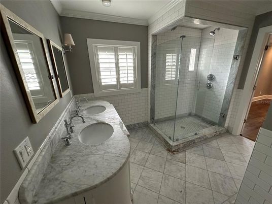 Bathroom, Dual Sink Vanities, Glass Shower, Interior, Marble
