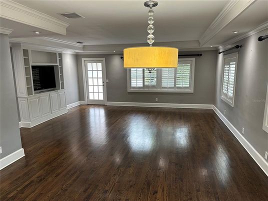 Empty room, Interior, Pendant Lights, Recessed Lighting, Wood Texture Flooring