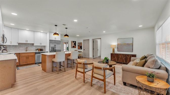 Interior, Kitchen, Living room, Pendant Lights, Recessed Lighting, Stainless Steel Appliances, Wood Texture Flooring