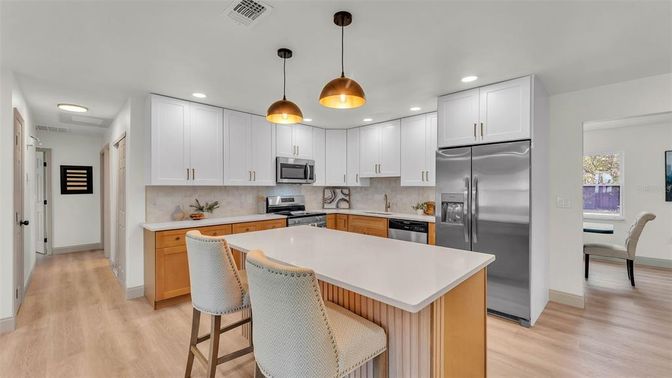 Interior, Kitchen, Pendant Lights, Recessed Lighting, Stainless Steel Appliances, Wood Texture Flooring