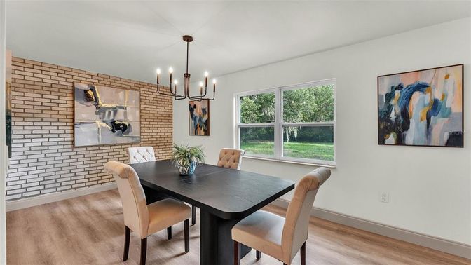 Dining room, Interior, Pendant Lights, Stone Walls, Wood Texture Flooring