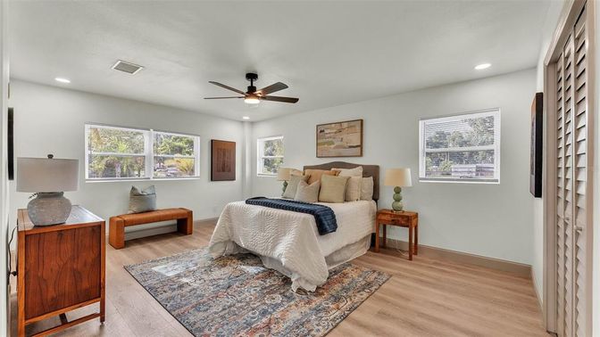 Bedroom, Interior, Recessed Lighting, Wood Texture Flooring