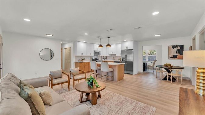 Dining room, Interior, Kitchen, Living room, Pendant Lights, Recessed Lighting, Stainless Steel Appliances, Wood Texture Flooring