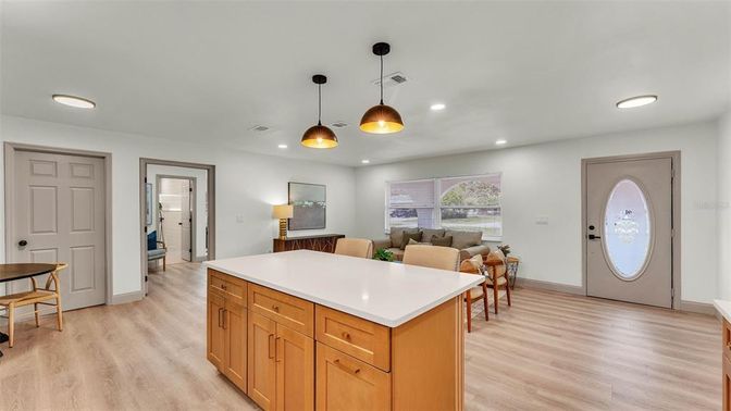 Dining room, Interior, Kitchen, Pendant Lights, Recessed Lighting, Wood Texture Flooring