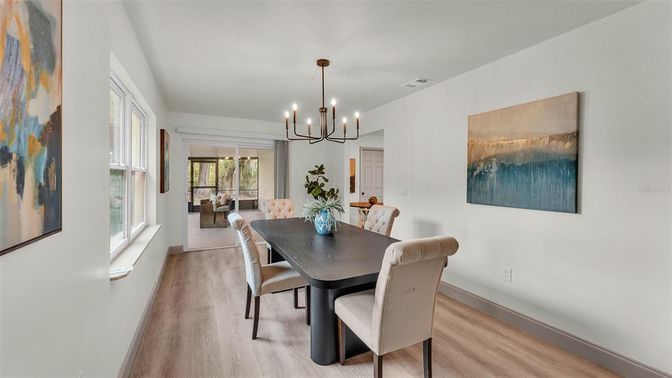 Chandelier, Dining room, Interior, Pendant Lights, Wood Texture Flooring