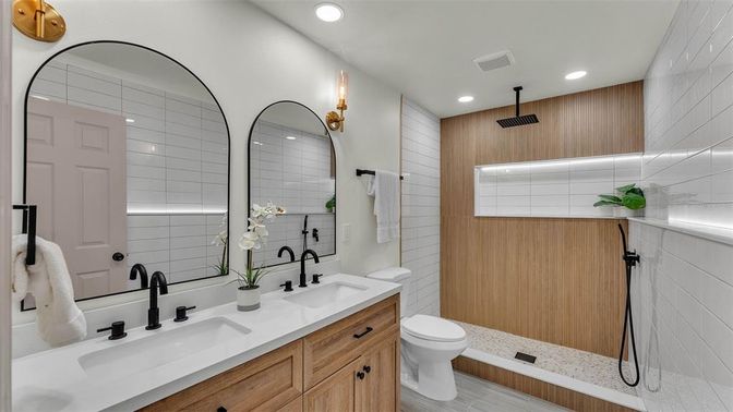 Bathroom, Dual Sink Vanities, Interior, Recessed Lighting, Wood Texture Flooring