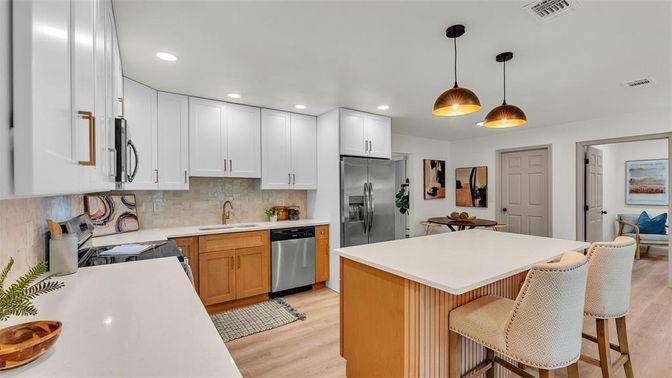 Interior, Kitchen, Pendant Lights, Recessed Lighting, Stainless Steel Appliances, Wood Texture Flooring
