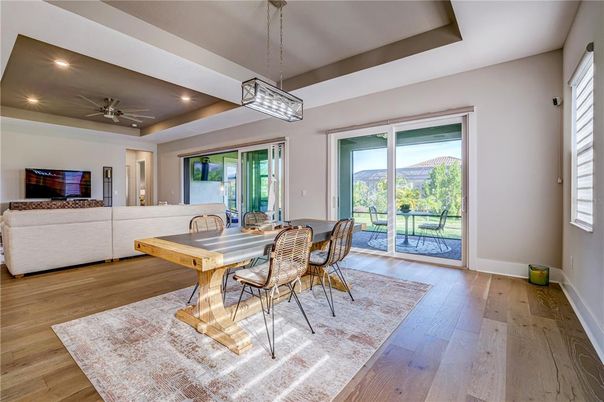 Dining room, Interior, Pendant Lights, Recessed Lighting, Wood Texture Flooring
