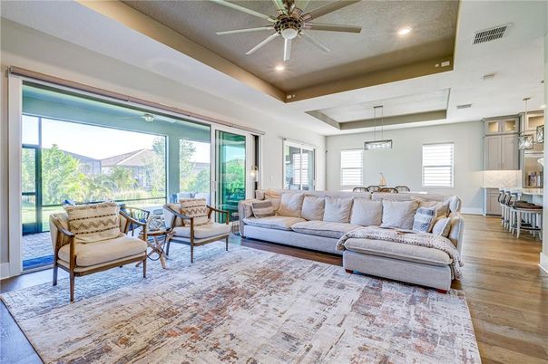 Interior, Living room, Pendant Lights, Recessed Lighting, Wood Texture Flooring