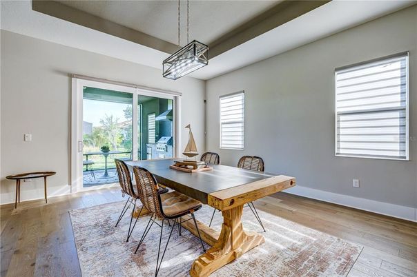 Dining room, Interior, Pendant Lights, Wood Texture Flooring