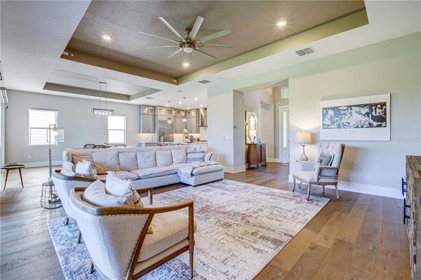 Interior, Living room, Pendant Lights, Recessed Lighting, Wood Texture Flooring