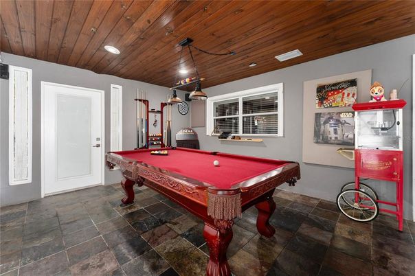Billiard Table, Game Room, Interior, Pendant Lights, Recessed Lighting, Wooden Ceilings