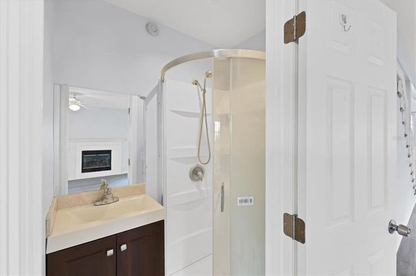 Bathroom, Fireplace, Glass Shower, Interior