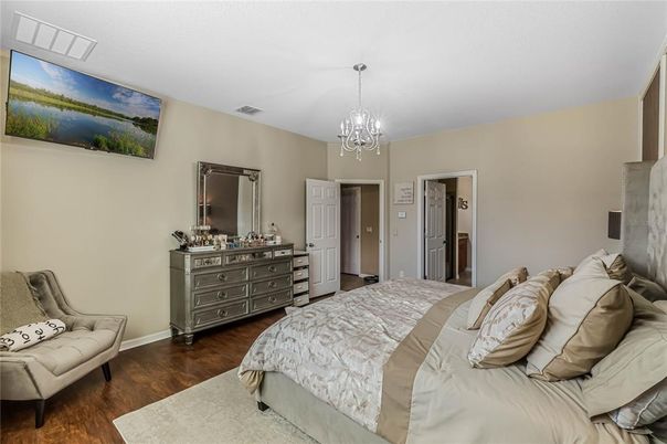 Bedroom, Chandelier, Interior, Wood Texture Flooring
