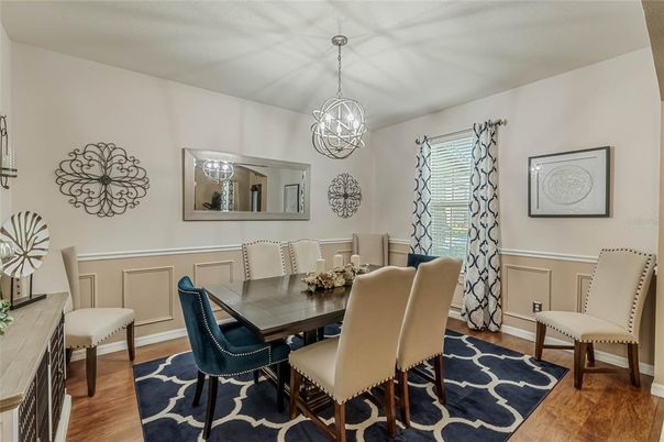 Dining room, Interior, Pendant Lights, Wood Texture Flooring