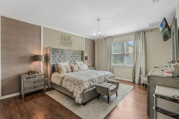 Bedroom, Chandelier, Interior, Wood Texture Flooring