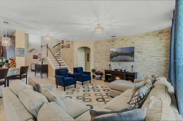 Dining room, Fireplace, Interior, Living room, Pendant Lights, Stone Walls