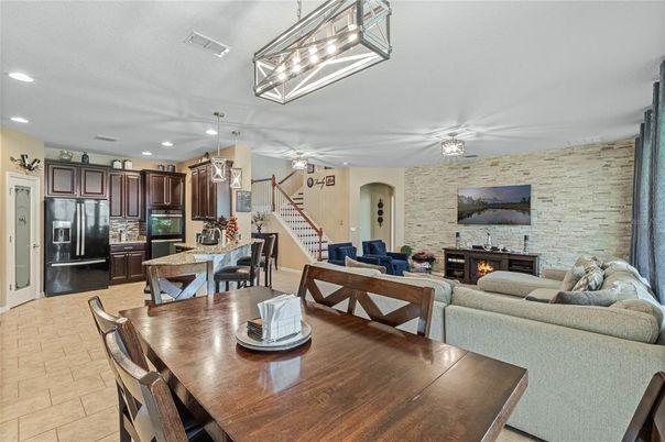 Dining room, Fireplace, Interior, Kitchen, Living room, Pendant Lights, Recessed Lighting, Stone Walls